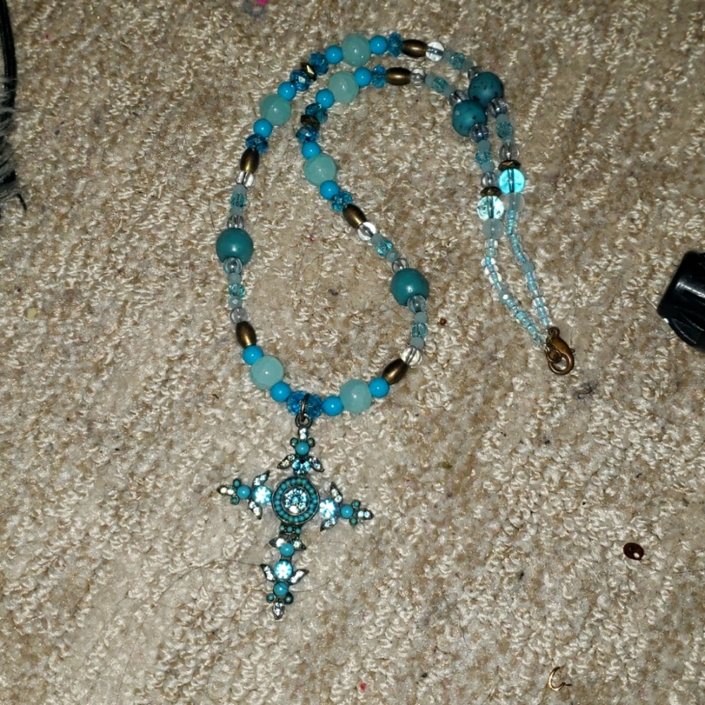 Vintage cross pendent on semi precious stone and glass beaded necklace